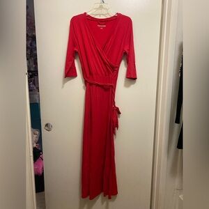 Soft Surroundings Womens Long Red Maxi Dress S Small V Neck Wrap Front Bust 36”